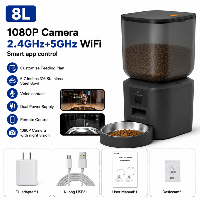 Smart Automatic Pet Feeder 8L with HD Camera, WiFi Control & Voice Recorder
