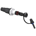 Industrial hose end assembly with black and white connectors, wire, and nozzle attachment