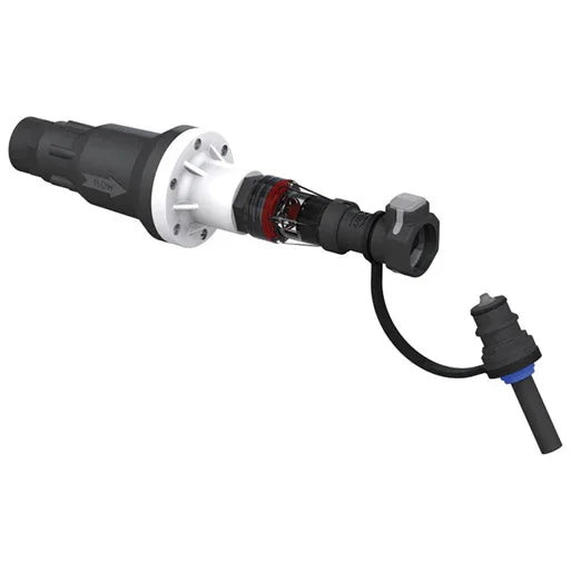 Industrial hose end assembly with black and white connectors, wire, and nozzle attachment