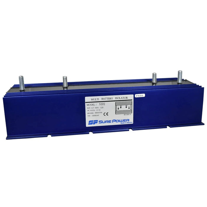 120 amp multi battery isolator with blue housing, 2 input and 2 output terminals