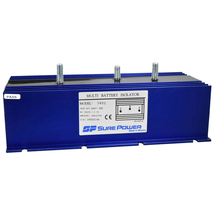 160 amp multi battery isolator with blue aluminum housing and three terminal posts
