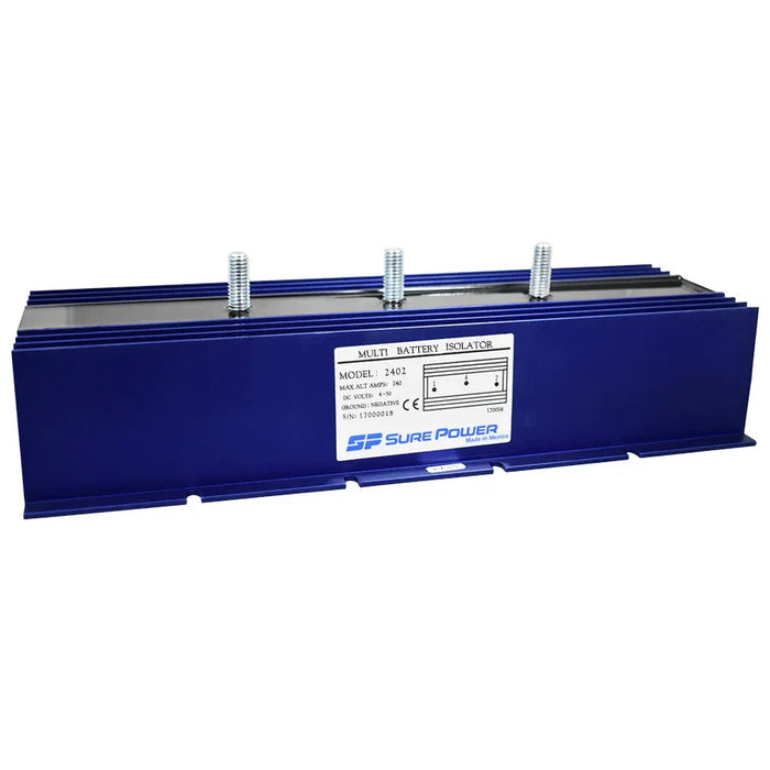 240 amp multi battery isolator with three terminals and blue housing