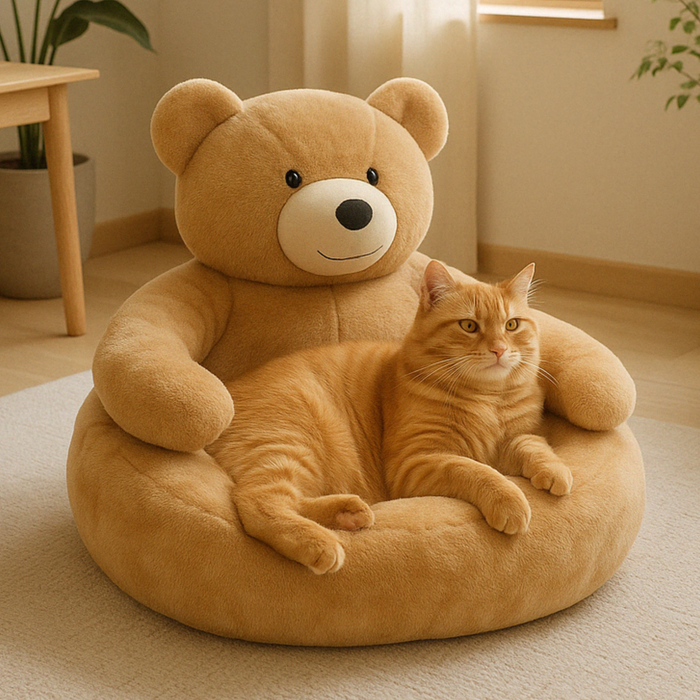 Teddy Bear Pet Bed | Soft Plush Calming Bed for Cats & Small Dogs
