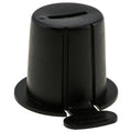 Black rigid battery terminal cap with slotted top and locking tab, isolated on white background.