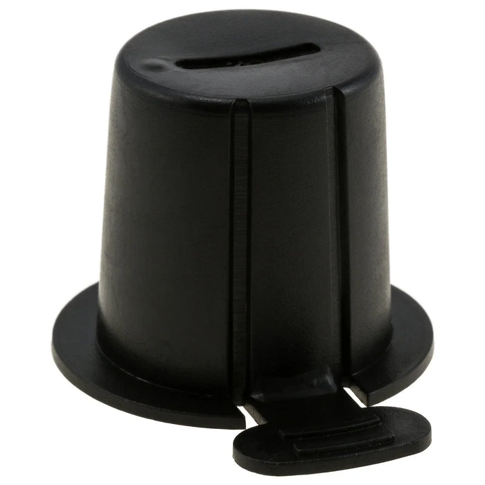 Black rigid battery terminal cap with slotted top and locking tab, isolated on white background.
