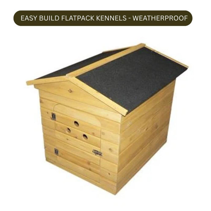A wooden flatpack kennel with a light natural wood finish and a dark gray weatherproof roof, shown on a white background with a text banner at the top.