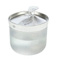 A stainless steel pet water fountain bowl with a clear plastic water flow sensor on top, shown on a solid white background. Perfect for cats and dogs. Has USB and plug charger.