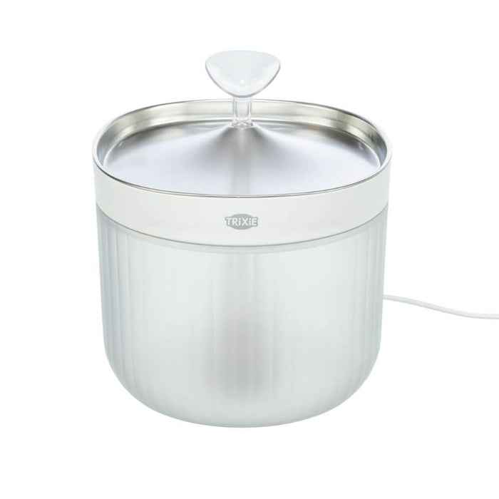 A dog water bowl that has a fountain and power. Stainless steel bowl and clear container. Stylish. Powered by plug or USB.