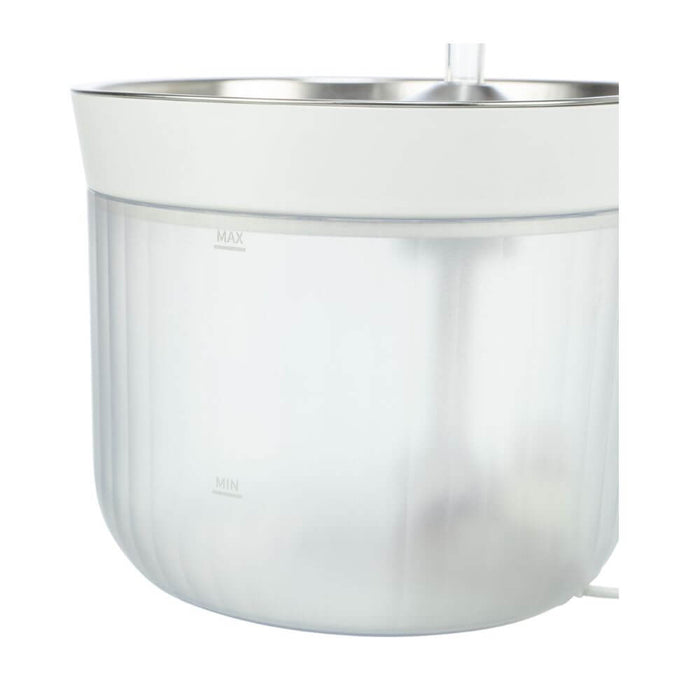 A white and clear plastic water dispenser reservoir container with a stainless steel rim and a small clear tube at the top, shown on a white background. It is a dog water fountain with a stainless steel bowl. Powered by both plug and USB.