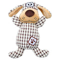 Plush dog toy with a checkered pattern on a white background