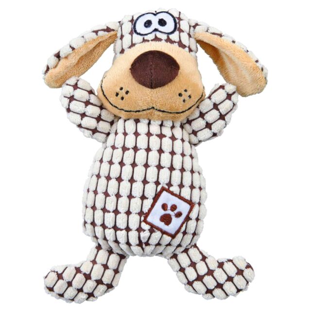 Plush dog toy with a checkered pattern on a white background
