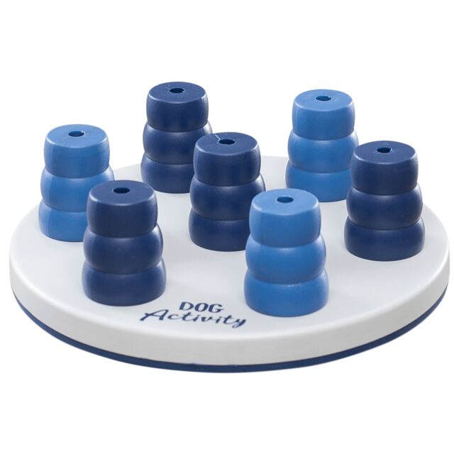 Blue and white dog activity toy on a white background