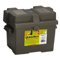 Black plastic battery storage box with secure lid for auto and marine power applications