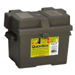 Black plastic battery storage box with secure lid for auto and marine power applications
