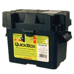 Black plastic battery box with secure lid and yellow label for automotive or marine use