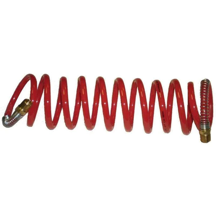 Red coiled vacuum hose with brass fittings, facility power accessory