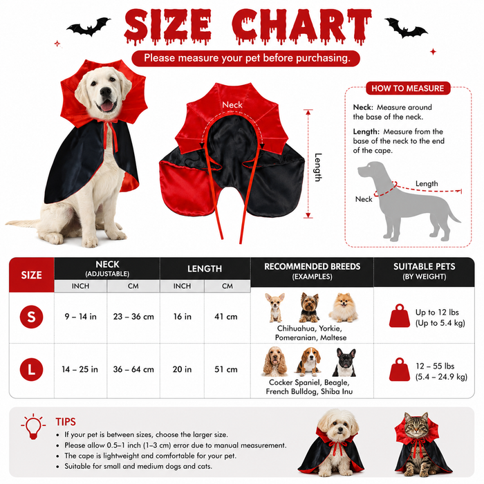 Vampire Bat Cape Costume for Small Dogs & Cats | Halloween Pet Outfit
