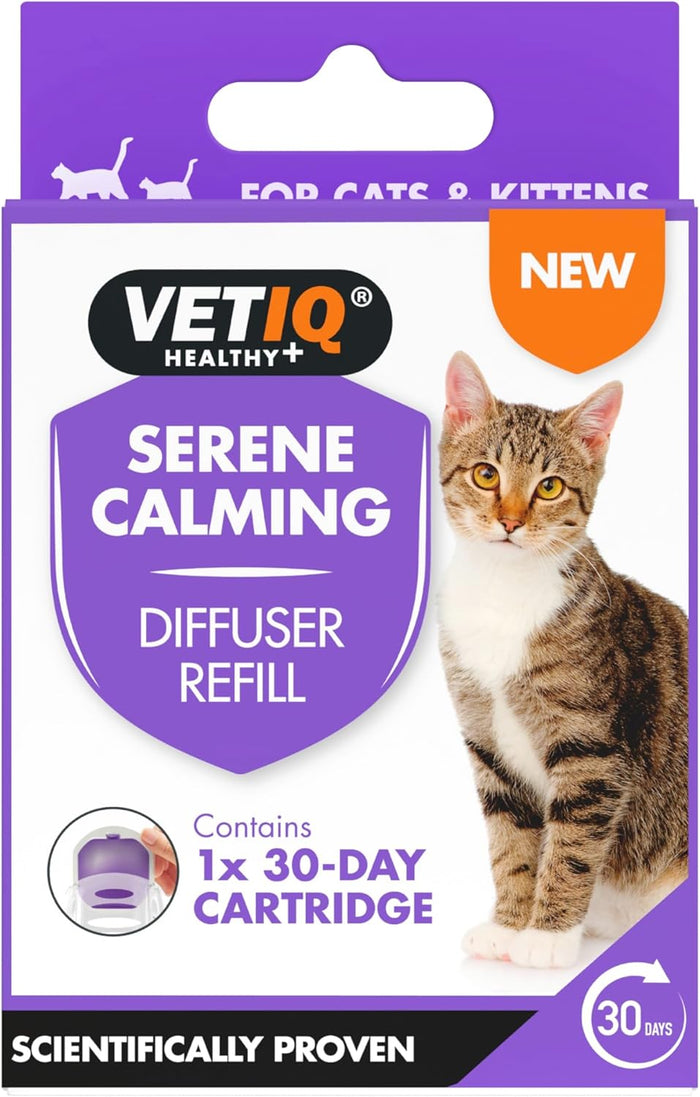 VETIQ Serene Calming Diffuser Refill packaging for cats with a cat illustration on a purple background.
