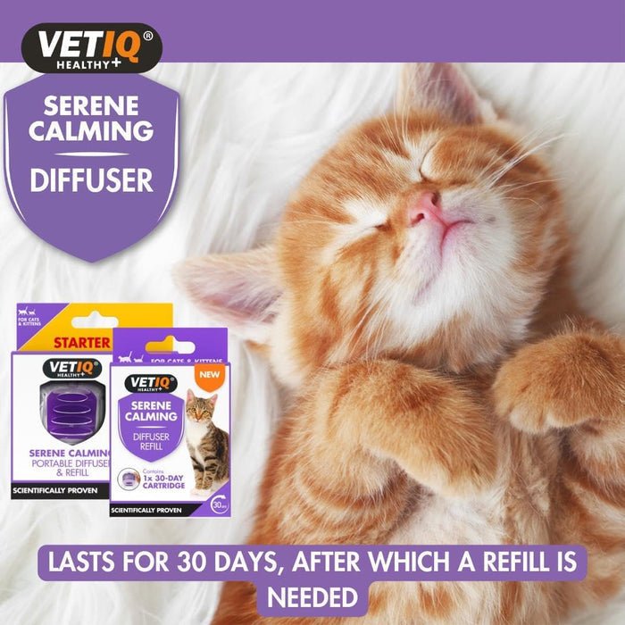 Cat using a VETiQ Serene Calming Diffuser with product packaging displayed.