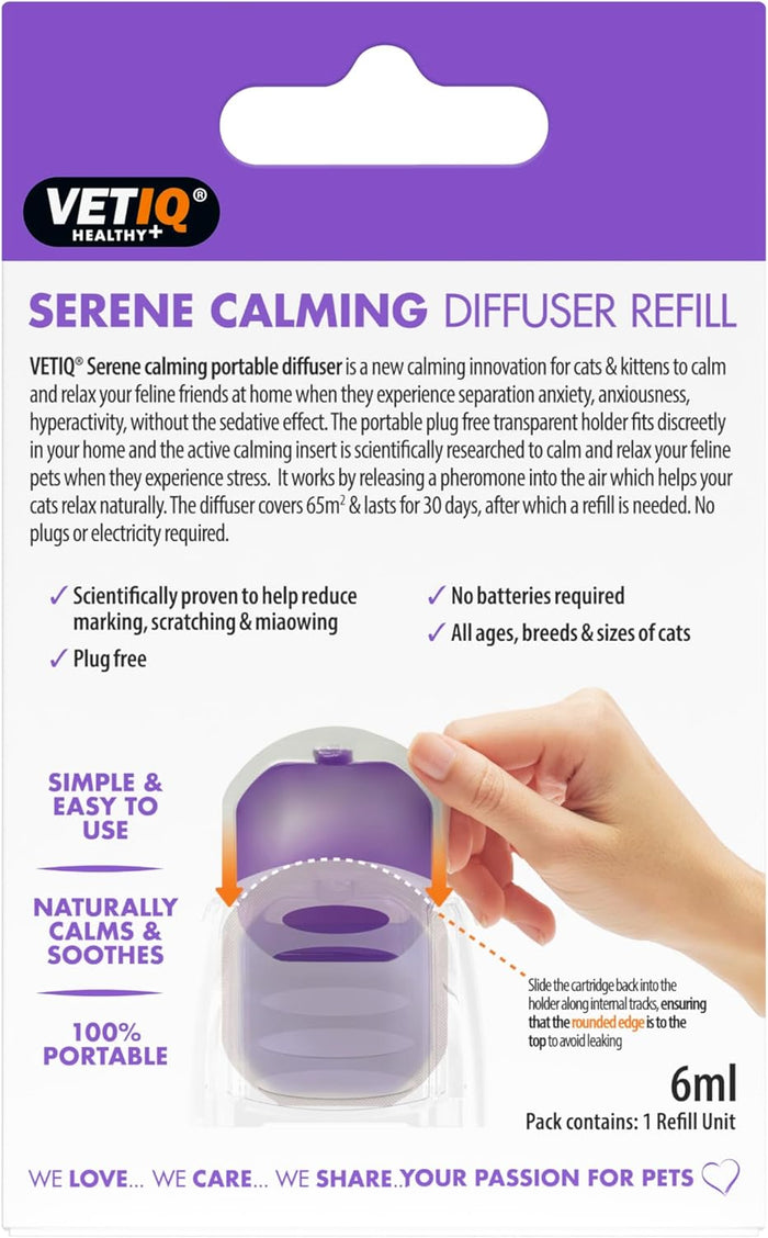 VetIQ Serene Calming Diffuser Refill packaging with a hand holding the diffuser.