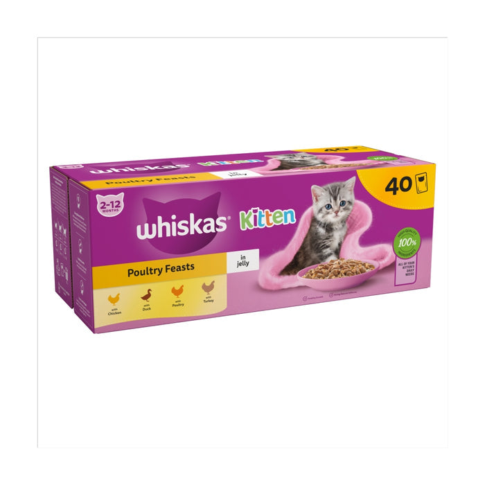 Whiskas Kitten Poultry Feasts cat food packaging on a white background