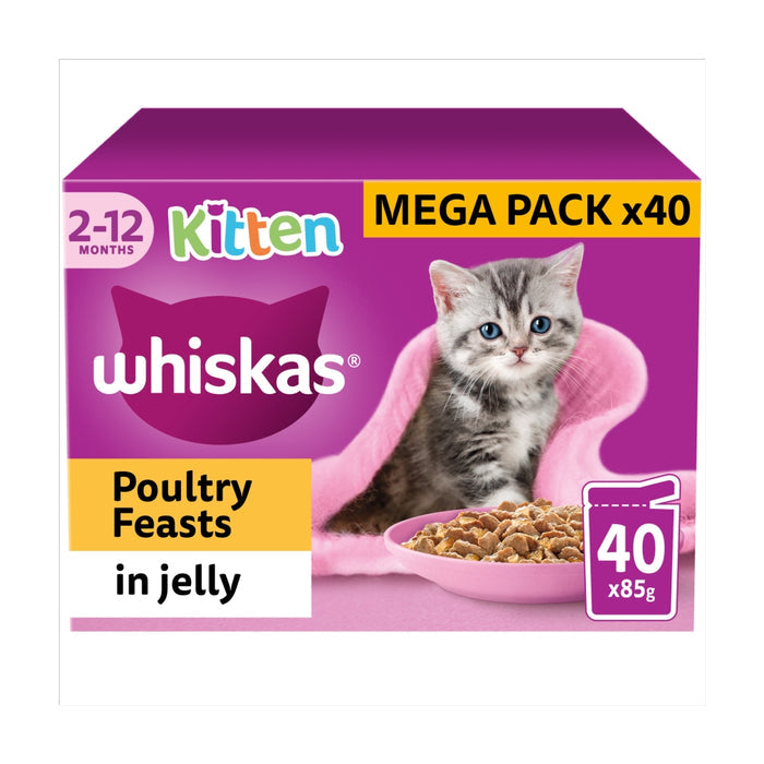Whiskas Kitten Poultry Feasts in Jelly packaging with a kitten on a pink background
