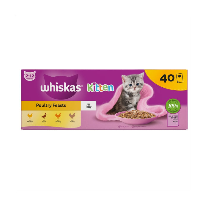 Whiskas Kitten Poultry Feasts in Jelly packaging with a kitten on a pink mat.