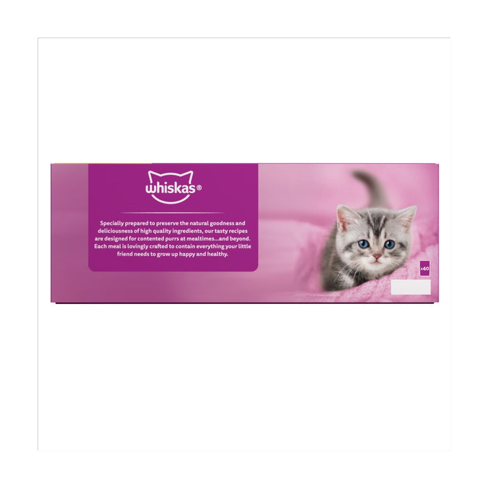 Whiskas cat food packaging with a kitten on a pink background