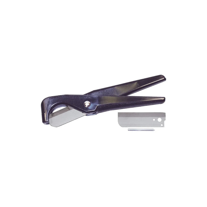 Wire loom cutting tool with replacement blade and pin on white background