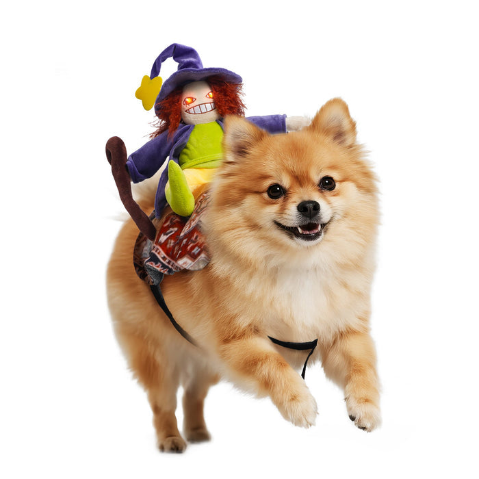 Witch Riding Dog Halloween Costume – Funny LED Pet Costume with Harness