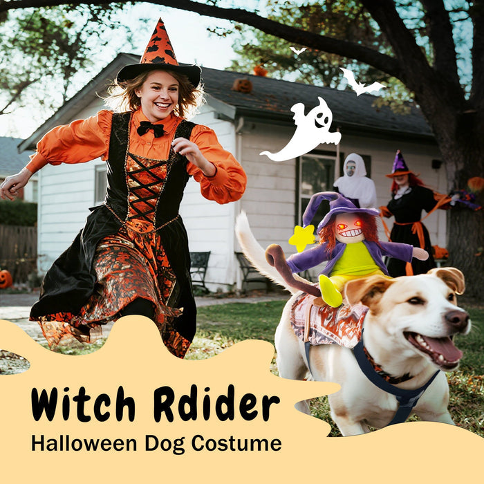 Witch Riding Dog Halloween Costume – Funny LED Pet Costume with Harness