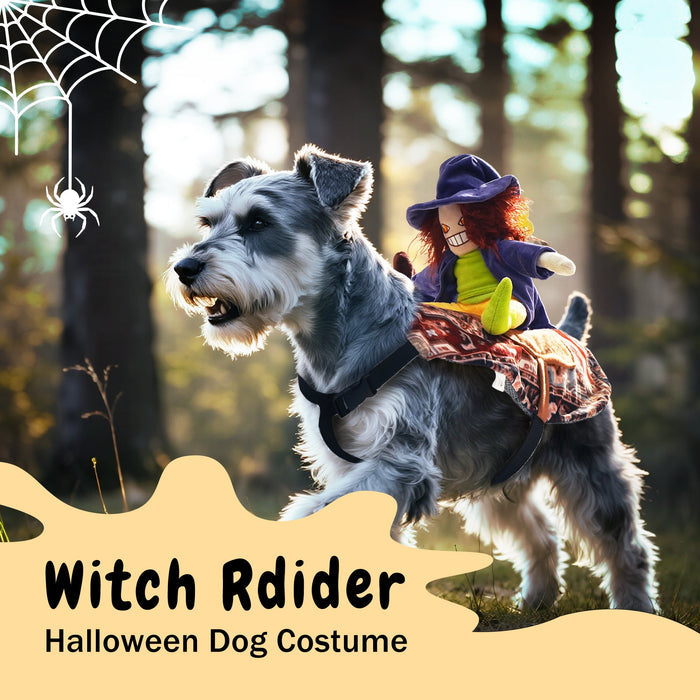 Witch Riding Dog Halloween Costume – Funny LED Pet Costume with Harness