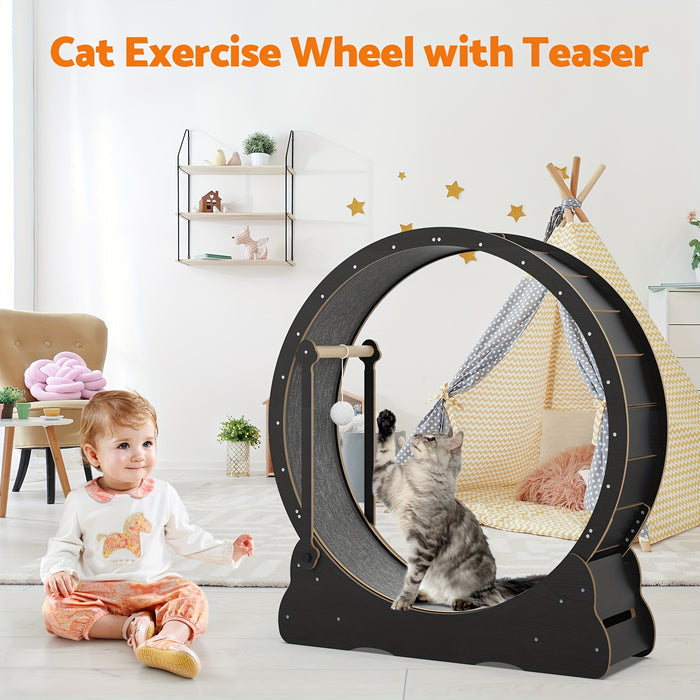 Wooden Cat Exercise Wheel with Locking Brake & Interactive Teaser