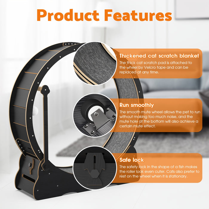 Wooden Cat Exercise Wheel with Locking Brake & Interactive Teaser